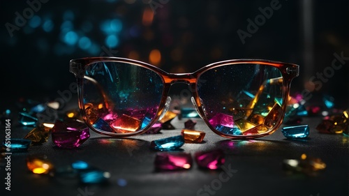 Glasses with small shiny and colorful beads in foreground of a dark background. Wallpaper made of minimal objects.