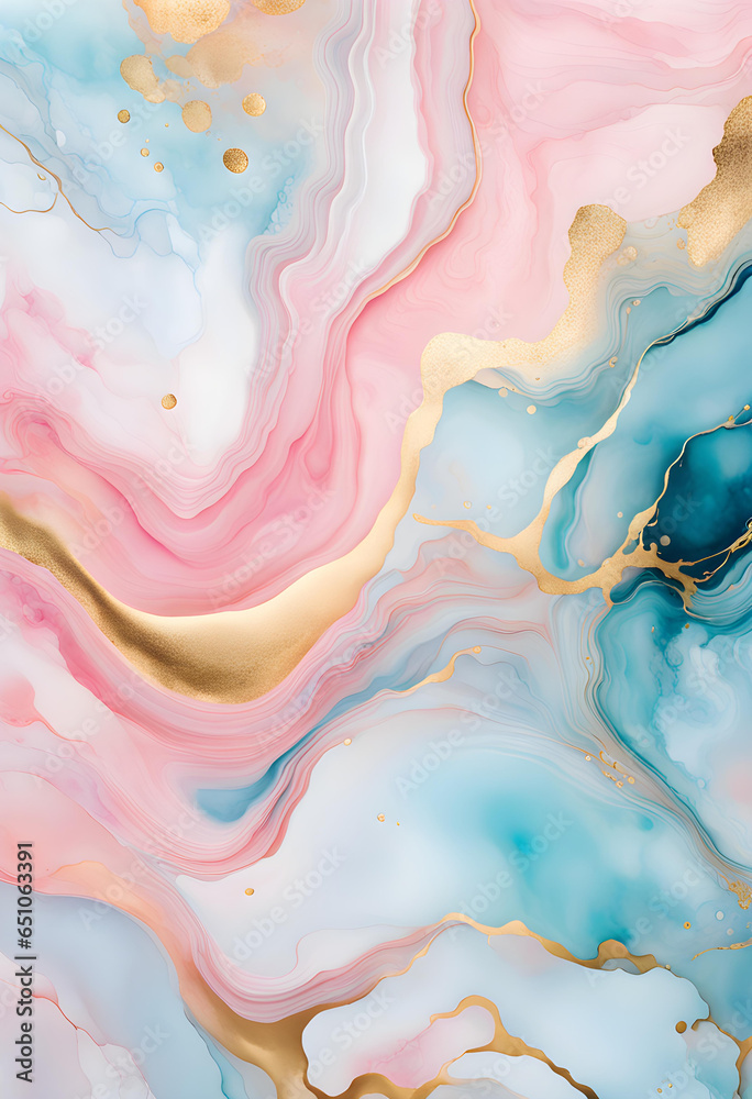 Abstract background design drawn in alcohol ink with pale pink and pale blue and golden lines. watercolor. pale colour. pastel colour