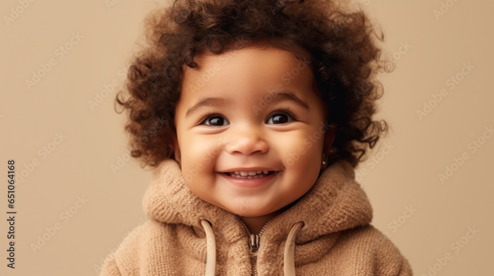 A cheerful African American toddler girl in front of a beige backdrop. A cheerful African American toddler girl in front of a beige backdrop.