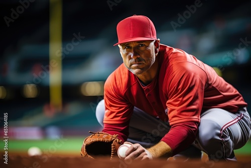 Baseball player practicing with classic ball in a stadium photo