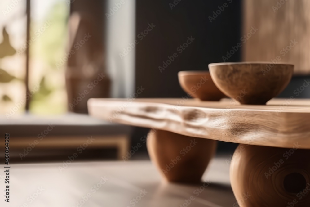 Wooden table living room with cups. Generate Ai Wooden table living room with cups. Generate Ai