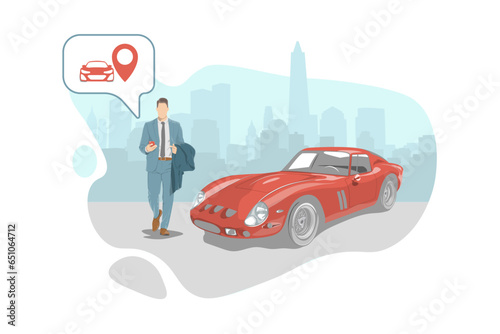 Online ordering taxi car, rent and sharing using service mobile application. Man near smartphone screen with route and points location on a city map on the car and urban landscape background.