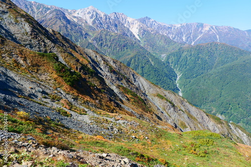 秋の八方尾根より白馬連峰を望む。長野、日本。10月上旬。