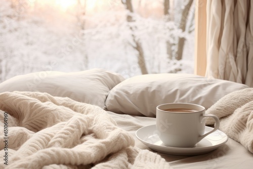 Cozy photo. A cup of coffee, a blanket by the window, winter