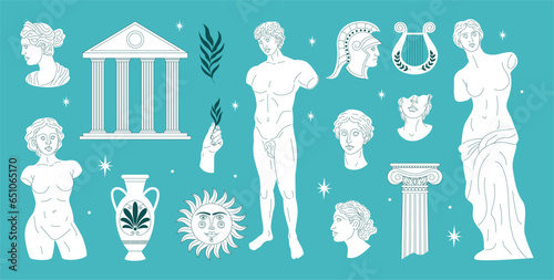 Greek statues. Ancient Rome, Roman historical elements, shapes and figures, male and female sculptures. Museum vase harp and column. Beautiful monument, vector illustration, tidy art icons