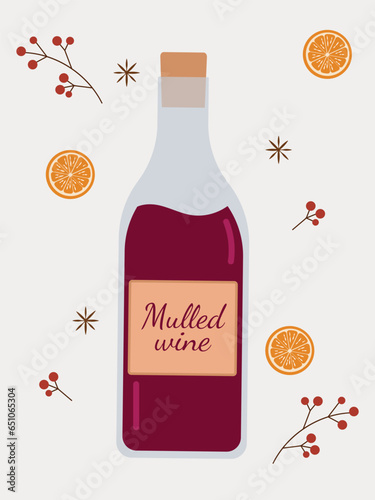 Bottle with a Label and the inscription mulled wine. Vector illustration of a mulled wine label, a bottle of wine, oranges, cinnamon.