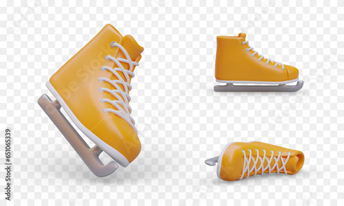 Realistic skates. Yellow sports shoes with metal blades. Accessory for skating. Set of 3D vector images for web design. Color icons for sports sites, applications, advertising