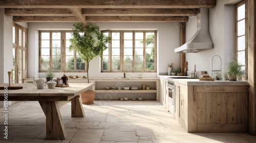 Modern Scandinavian Farmhouse: Blending modern design with farmhouse elements like a barn-style door, a farmhouse sink, and rustic wooden beams © Textures & Patterns