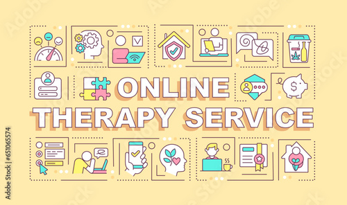 Online therapy service text with various thin line icons concept on yellow monochromatic background, editable 2D vector illustration.