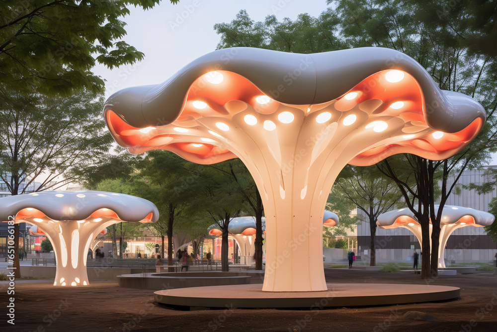 Giant mushroom sculptures made from recycled materials catch the eye in an urban park, serving as an art installation aimed at environmental awareness - obrazy, fototapety, plakaty 