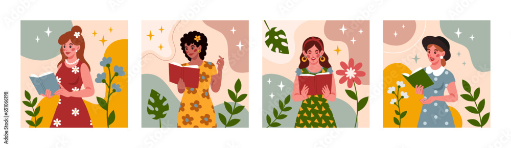 Girl read book. Fashion doodle style drawing woman in summer dress, young female people with literature. Reading cute characters. Vector cartoon tidy illustration set on floral background Girl read book. Fashion doodle style drawing woman in summer dress, young female people with literature. Reading cute characters. Vector cartoon tidy illustration set on floral background