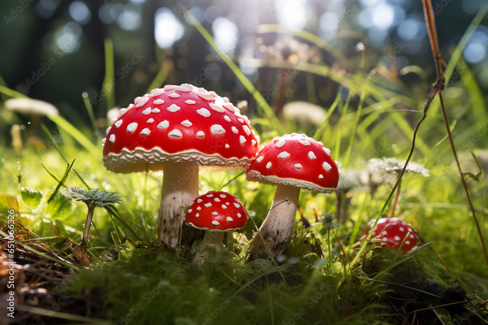 Vibrant Amanita Muscaria mushrooms with their distinctive red caps and ...