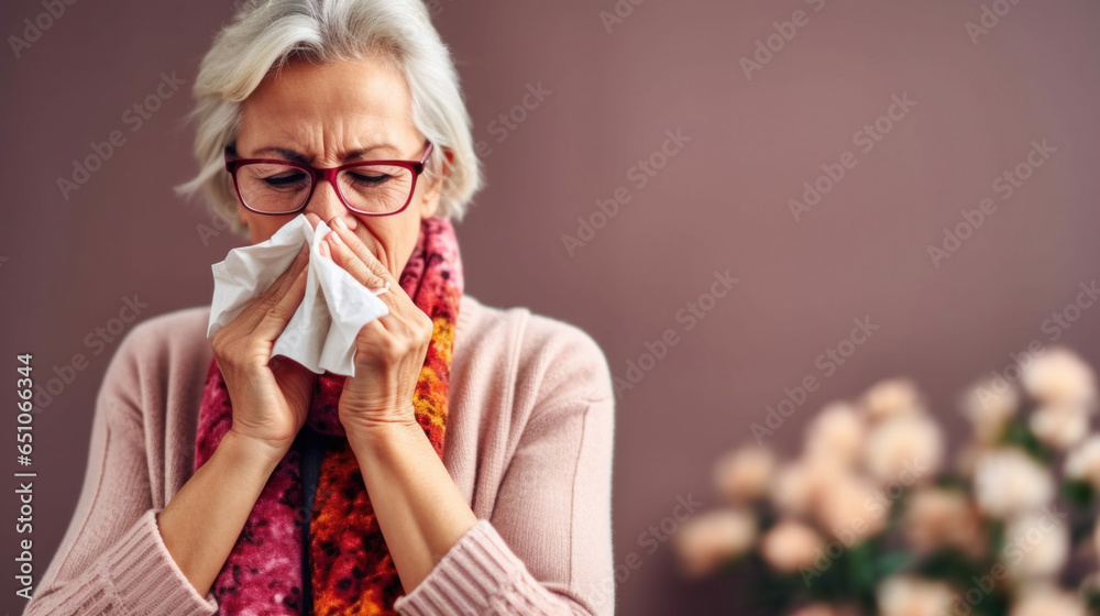 Φωτογραφία A senior woman who handles a runny nose with poise and a white paper tissue against a bright studio background