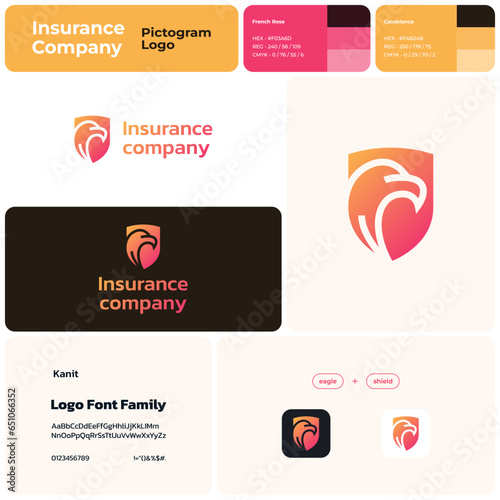 2D insurance company gradient line unique logo with brand name. Eagle and shield icon. Design element. Visual identity. Template with kanit font. Suitable for insurance, risk management. photo