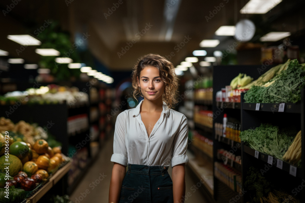 A young Caucasian girl is shopping in a grocery store