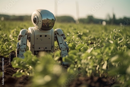 robot assistants in agriculture Technology concept . Smart robotic farmers harvest in agriculture futuristic robot automation to work technology