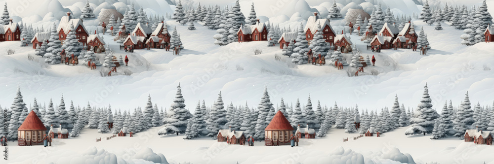 Seamless. A background image featuring a snow-covered village and forest, perfect for conveying the beauty and tranquility of the holiday season. Illustration Seamless. A background image featuring a snow-covered village and forest, perfect for conveying the beauty and tranquility of the holiday season. Illustration