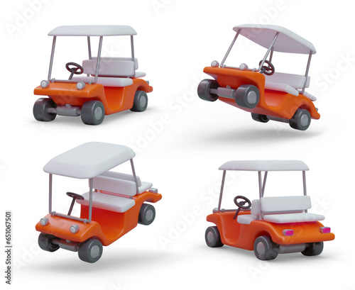 Realistic golf car. Set of images in different positions. Mini cart, front, side, rear view. Transportation services to golf course. Comfort of players