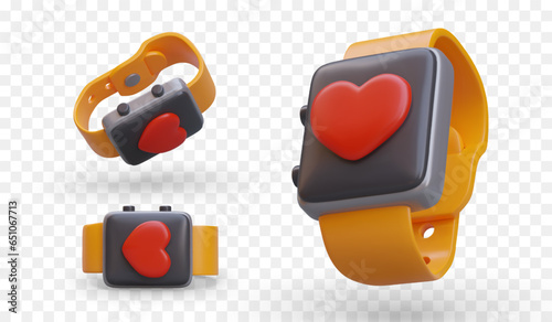 Fitness bracelet in different positions. Realistic smartwatch with heart on screen. Personal device for measuring heart rate. Color icons in cartoon style