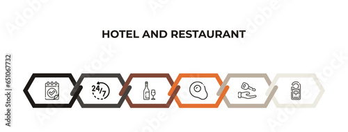reserved, 24 service, wine glass, fried egg, rent a car, doorknob outline icons. editable vector from hotel and restaurant concept. infographic template.