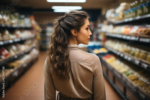 Back view of young Caucasian female shopping in grocery store