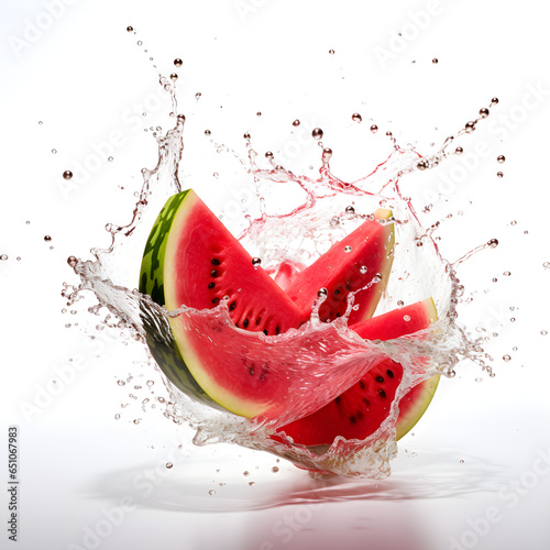 drink wave splash with watermelon  water splash and fruit beverage with berry  Realistic flow of refreshment
