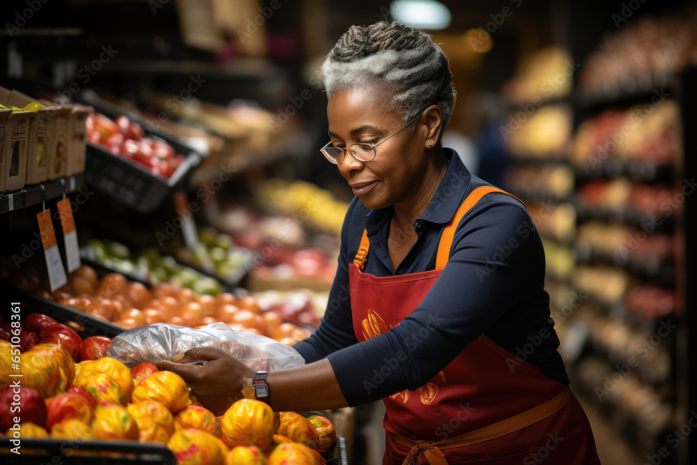 Obraz premium Saleswoman in apron, on background of grocery department of store.