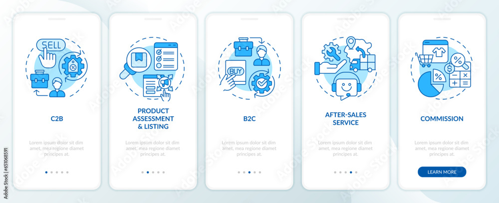 2D blue icons representing C2C mobile app screen set. Walkthrough 5 steps graphic instructions with linear icons concept, UI, UX, GUI template.