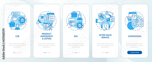 2D blue icons representing C2C mobile app screen set. Walkthrough 5 steps graphic instructions with linear icons concept, UI, UX, GUI template.