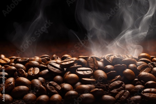 coffee beans on a dark background, smoke from beans. background, texture, copy space