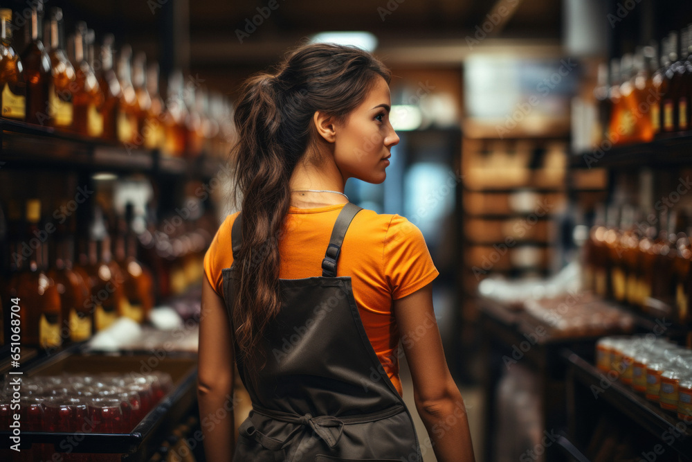Φωτογραφία Saleswoman in apron, on background of grocery department of store