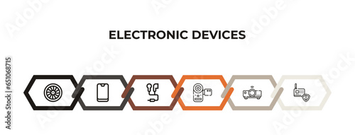 turbine, cell phone, earphones, video recorder, projector, burglar alarm outline icons. editable vector from electronic devices concept. infographic template.