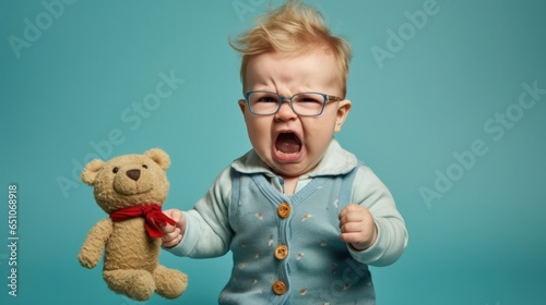 A disgruntled baby boy against a blue studio wall.