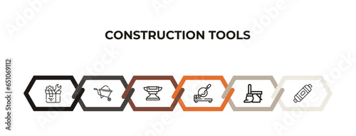 garage screwdriver, wheel barrow, anvil, circular saw, cleaning mop, bolster outline icons. editable vector from construction tools concept. infographic template.