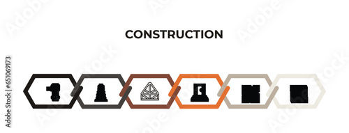 grinder, derrick with boxes, joist, big door, round wrench, two screws outline icons. editable vector from construction concept. infographic template.