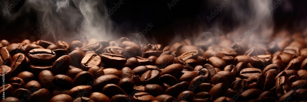coffee beans on a dark background, smoke from beans. background, texture, copy space - obrazy, fototapety, plakaty 