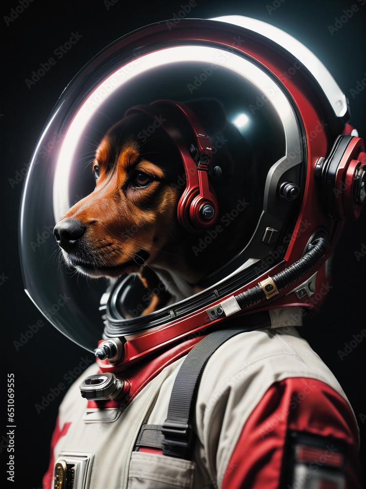 Portrait of an astronaut's dog in profile on a dark background. Artificial intelligence. Illustration.