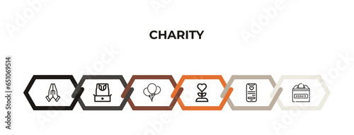 praying  clothes donation  ballons  plant heart  charity app  cash box outline icons. editable vector from charity concept. infographic template.