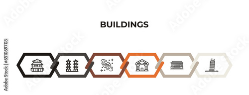 chinese temple, pagoda, space, state building, lincoln memorial, pisa tower outline icons. editable vector from buildings concept. infographic template.