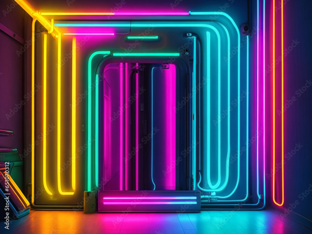 Abstract colored neon lighting on a dark wall with a city in the background, generative ai Abstract colored neon lighting on a dark wall with a city in the background, generative ai