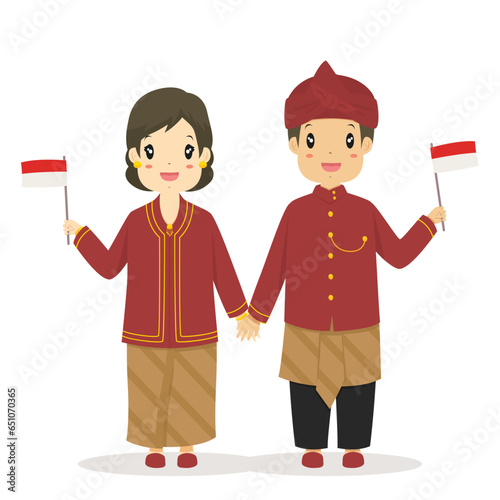 Happy couple wearing West Javanese traditional dress and holding an Indonesian flag. West Javanese, Indonesia traditional dress cartoon vector.