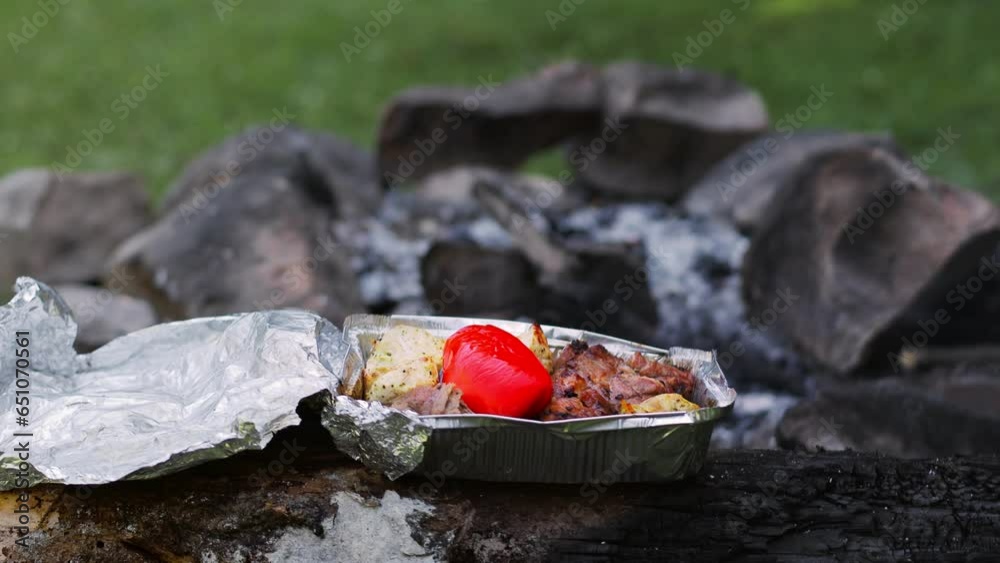 Freshly prepared meat dish in a foil plate on nature. The concept of tourism, hiking. Freshly prepared meat dish in a foil plate on nature. The concept of tourism, hiking.