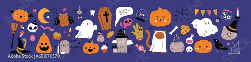 Cute Halloween set. Funny pumpkin, kawaii ghost, bat, web, broom, coffin. October holiday design elements, stickers, cat in witch hat, skull. Isolated kids childish flat graphic vector illustrations