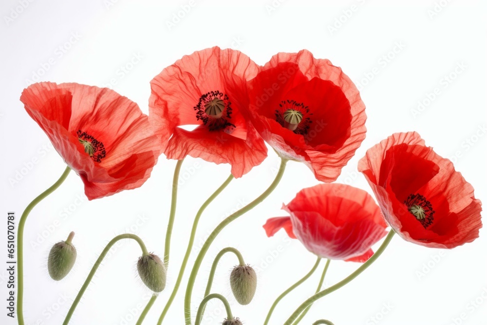 Obraz premium Artistic detail of red poppies on a white background. Generative AI