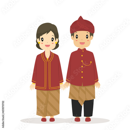 Happy couple wearing West Javanese traditional dress. West Javanese, Indonesia traditional dress cartoon vector.