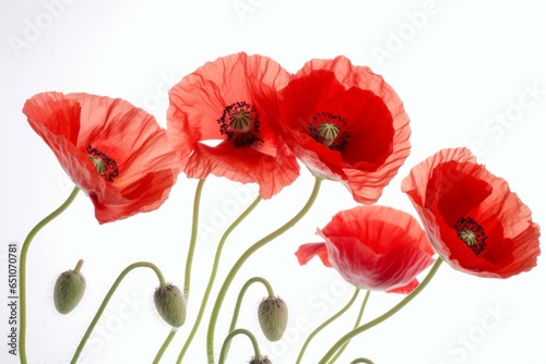 Artistic detail of red poppies on a white background. Generative AI