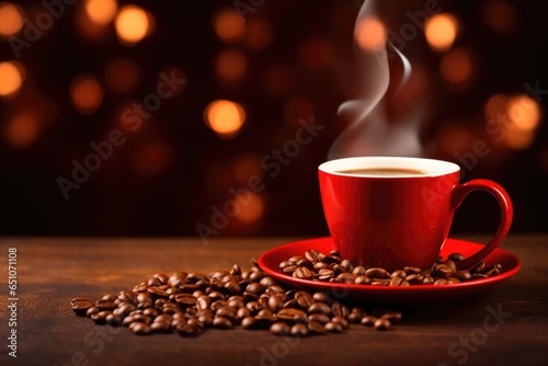A cup of coffee on the table, Christmas lights