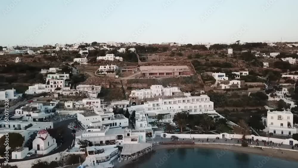 Mykonos island Greece from a drone view of the old town at sunset