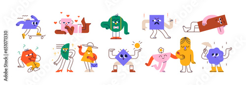 Cute funny geometric characters set. Comic shapes, geometry figures, rectangle, triangle, circle with happy smiling face expressions. Childish flat vector illustrations isolated on white background