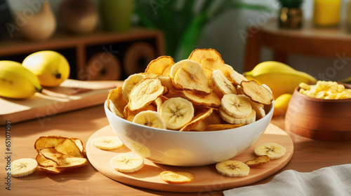 Banana chips, a convenient and low-calorie snack for any time of the day.